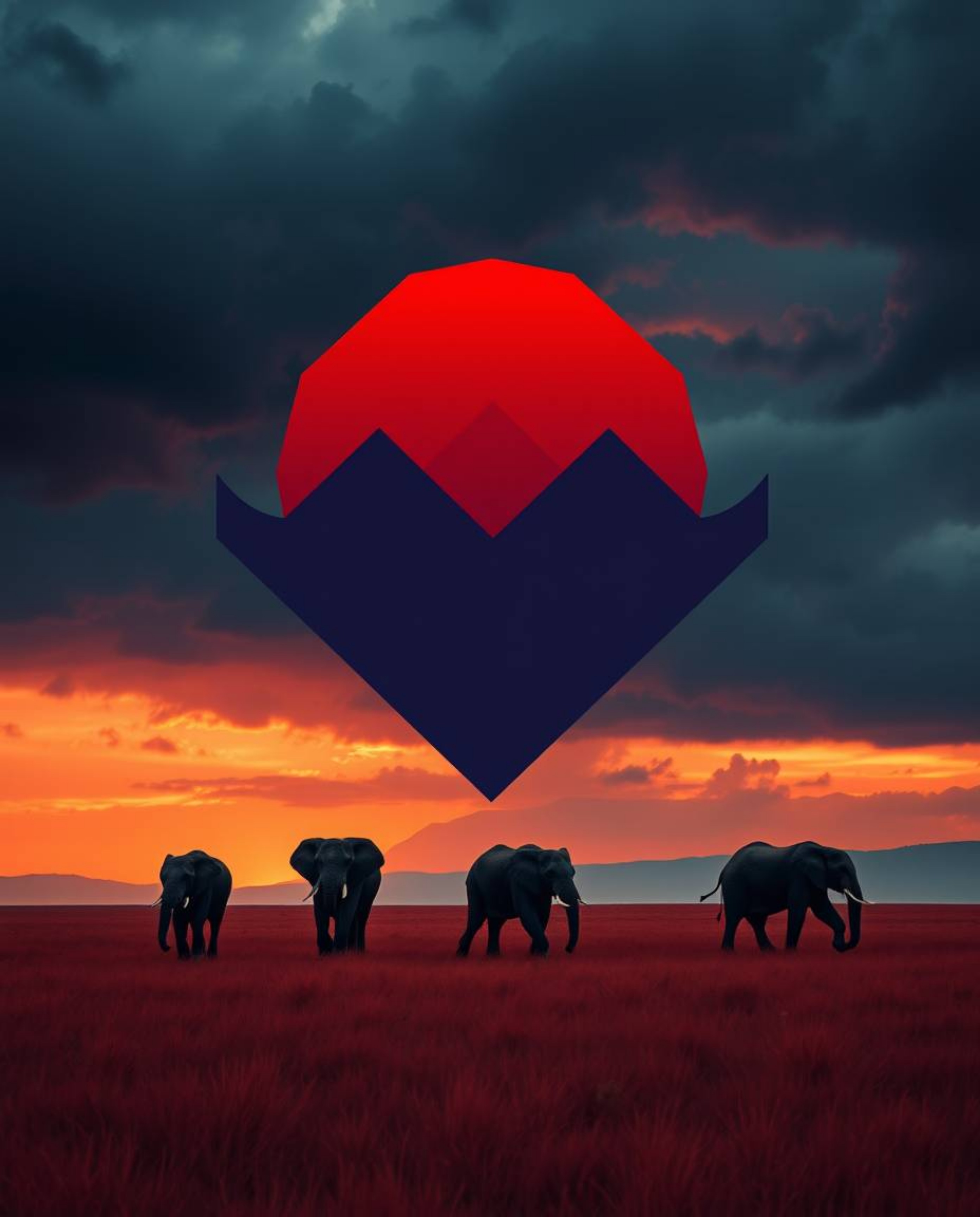 This is a geometric logo design depicting elephants walking across a sunset field under intense, dramatic weather. Rendered i