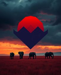 This is a geometric logo design depicting elephants walking across a sunset field under intense, dramatic weather. Rendered i