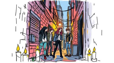 A captivating hand-drawn color sketchnote transports you to a grungy city alley where rebellious teens gather, bathed in the 