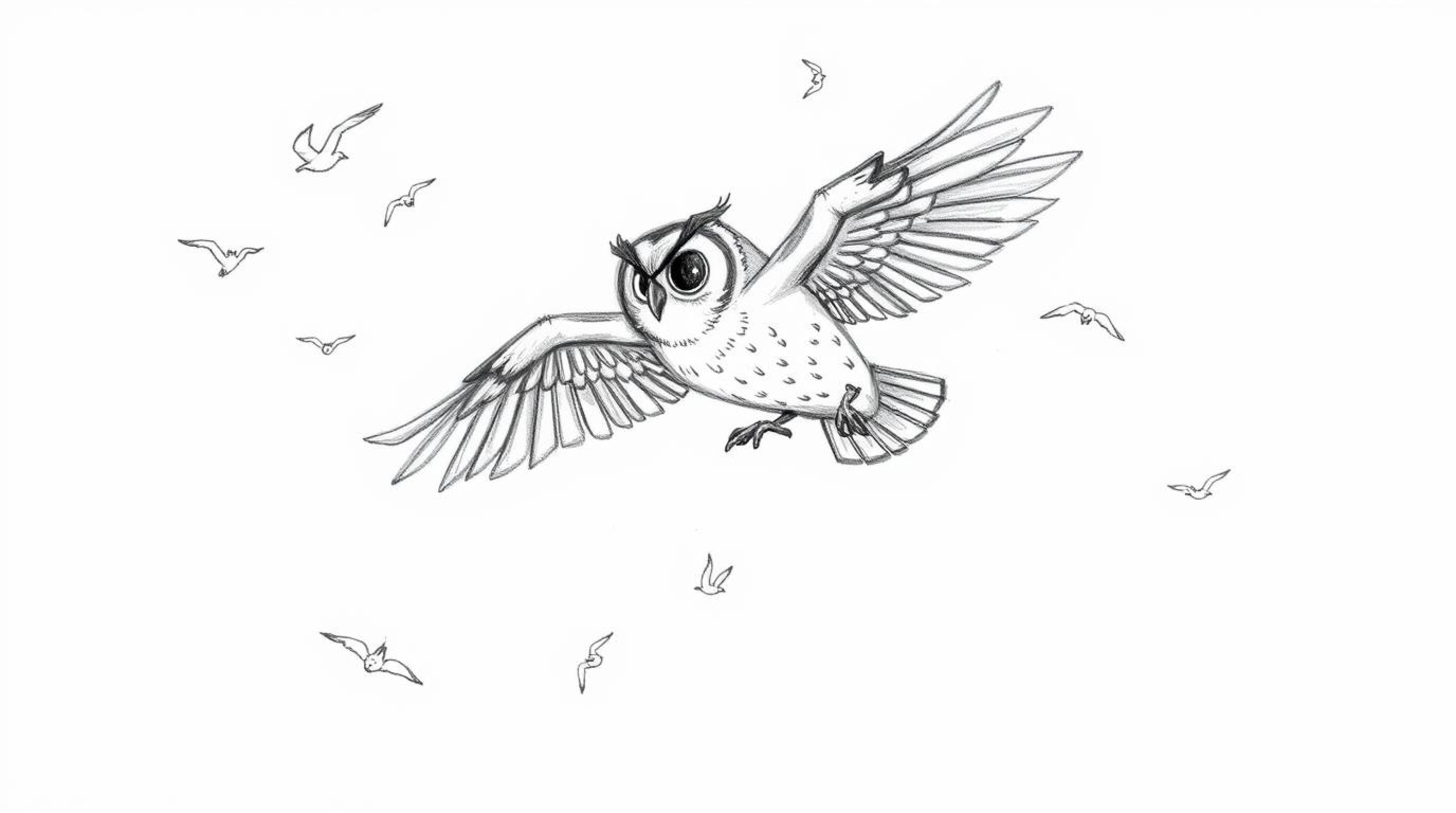 A captivating hand-drawn sketch, inspired by Pixar's animation style, portrays a blind owl in mid-flight, embodying the noble
