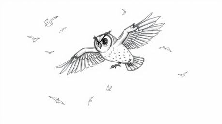 A captivating hand-drawn sketch, inspired by Pixar's animation style, portrays a blind owl in mid-flight, embodying the noble