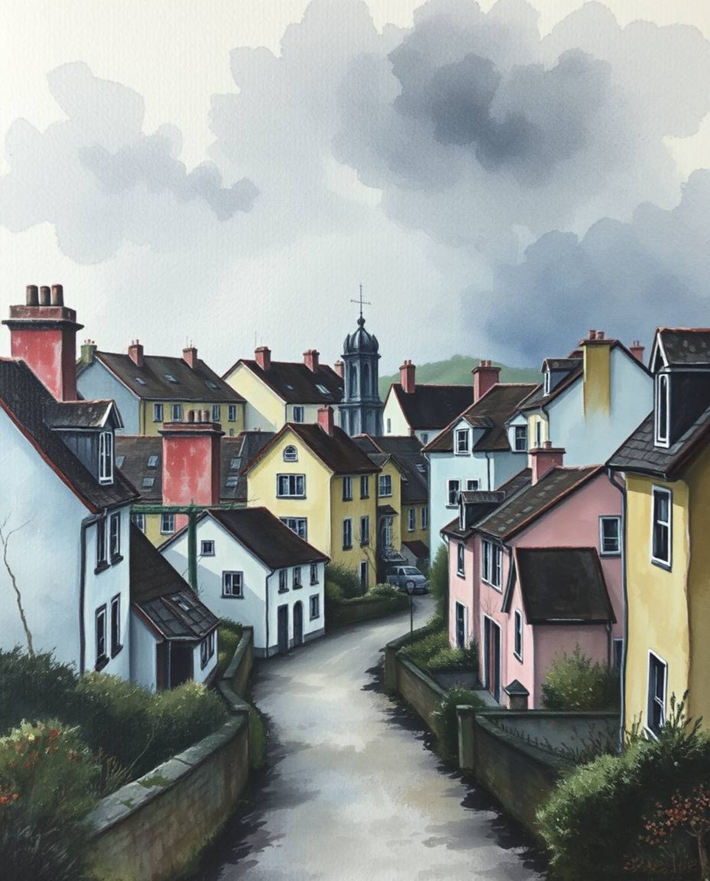 Discover a captivating watercolor painting of a sleepy town, featuring pastel-colored houses and unsettling details.  The art