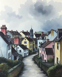 Discover a captivating watercolor painting of a sleepy town, featuring pastel-colored houses and unsettling details. The art