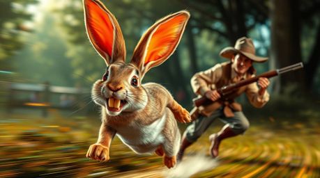 Witness a hilarious chase scene featuring a wacky rabbit with comically large ears and buck teeth, cleverly outmaneuvering a 