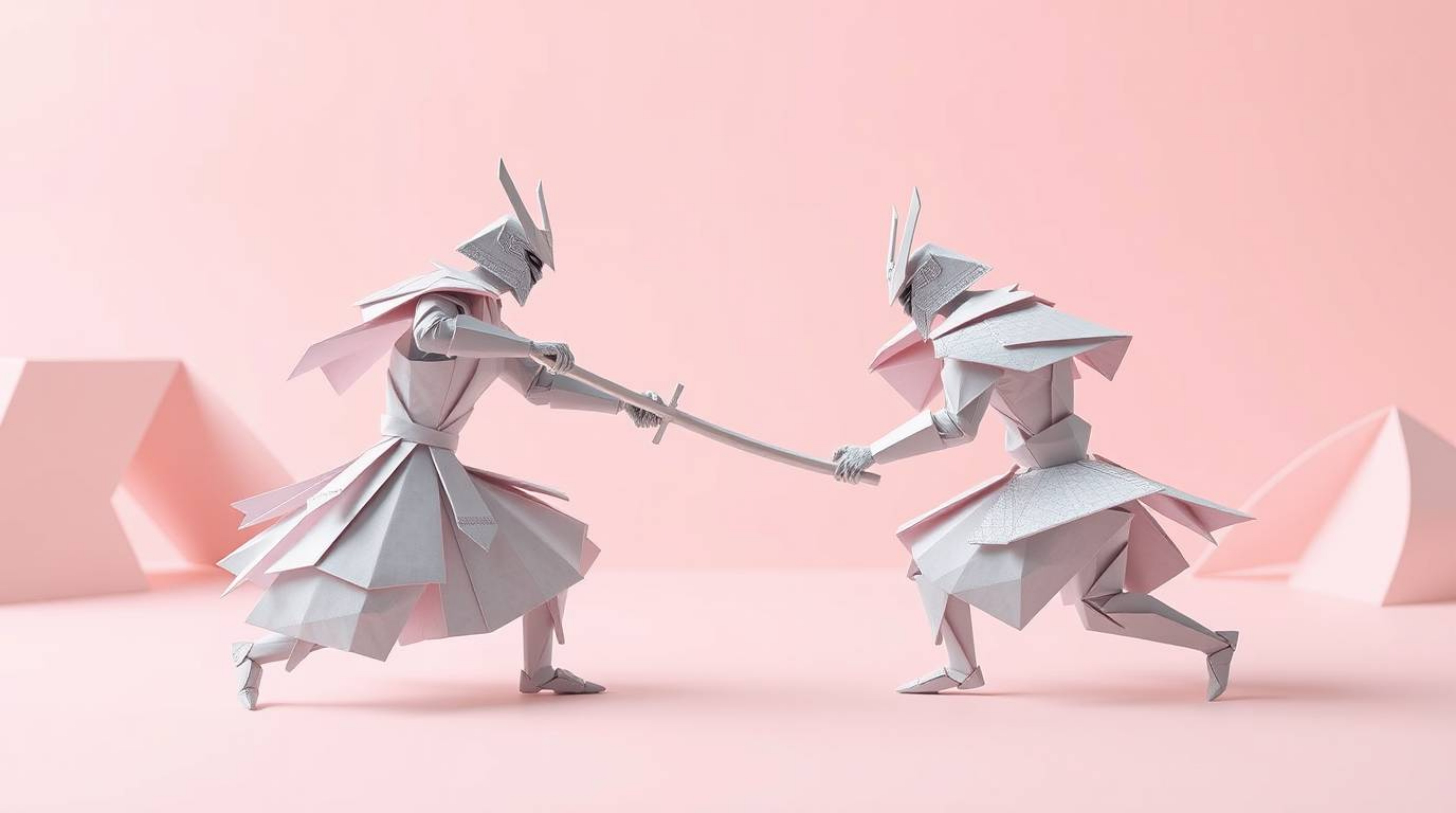 Witness an intricate origami samurai, rendered in soft pastel colors, locked in a fierce battle against a geometric robot wit