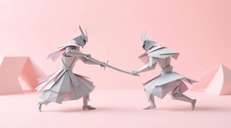 Witness an intricate origami samurai, rendered in soft pastel colors, locked in a fierce battle against a geometric robot wit