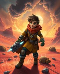 Embark on a thrilling sci-fi adventure with a brave Disney-style hero navigating a futuristic desert landscape.  Experience i