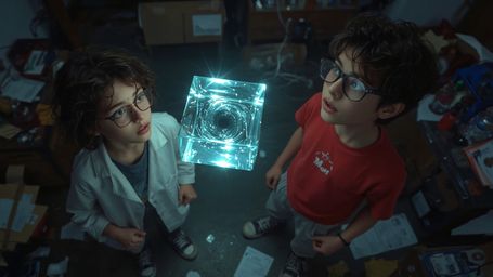 A cinematic, high-contrast photograph, reminiscent of Pixar's vibrant style, captures a dynamic science fair duo frozen in a 