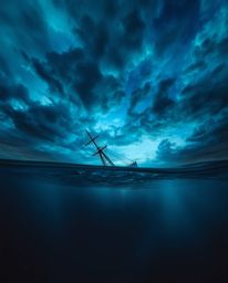 A captivating image of an underwater shipwreck, bathed in an ethereal glow against a dramatic cool-colored sky of blues, gree