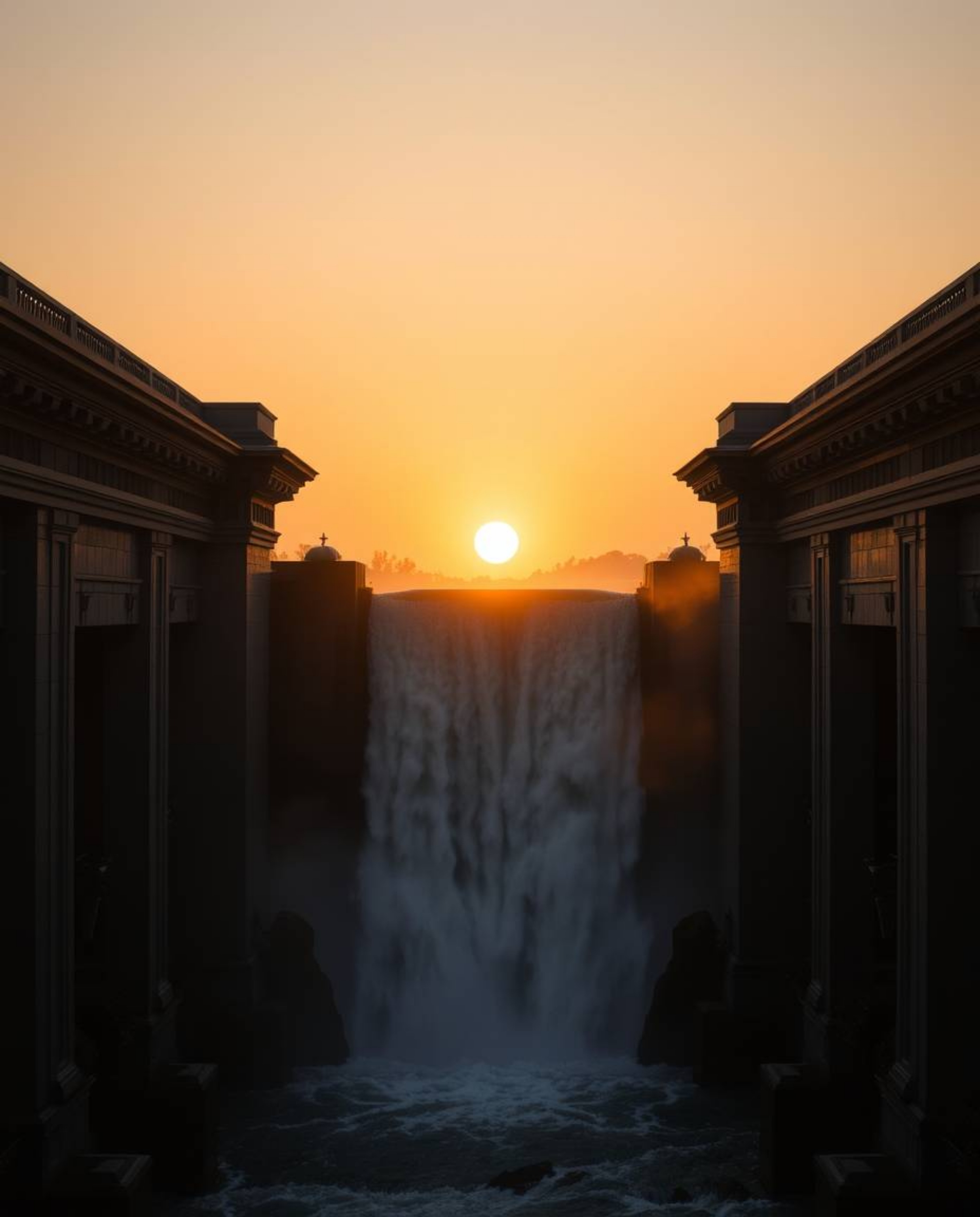 A precise architectural color photograph of a sun setting behind a dramatic waterfall. The image features sharp lines, detail