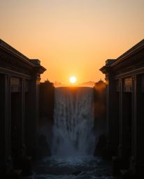 A precise architectural color photograph of a sun setting behind a dramatic waterfall. The image features sharp lines, detail