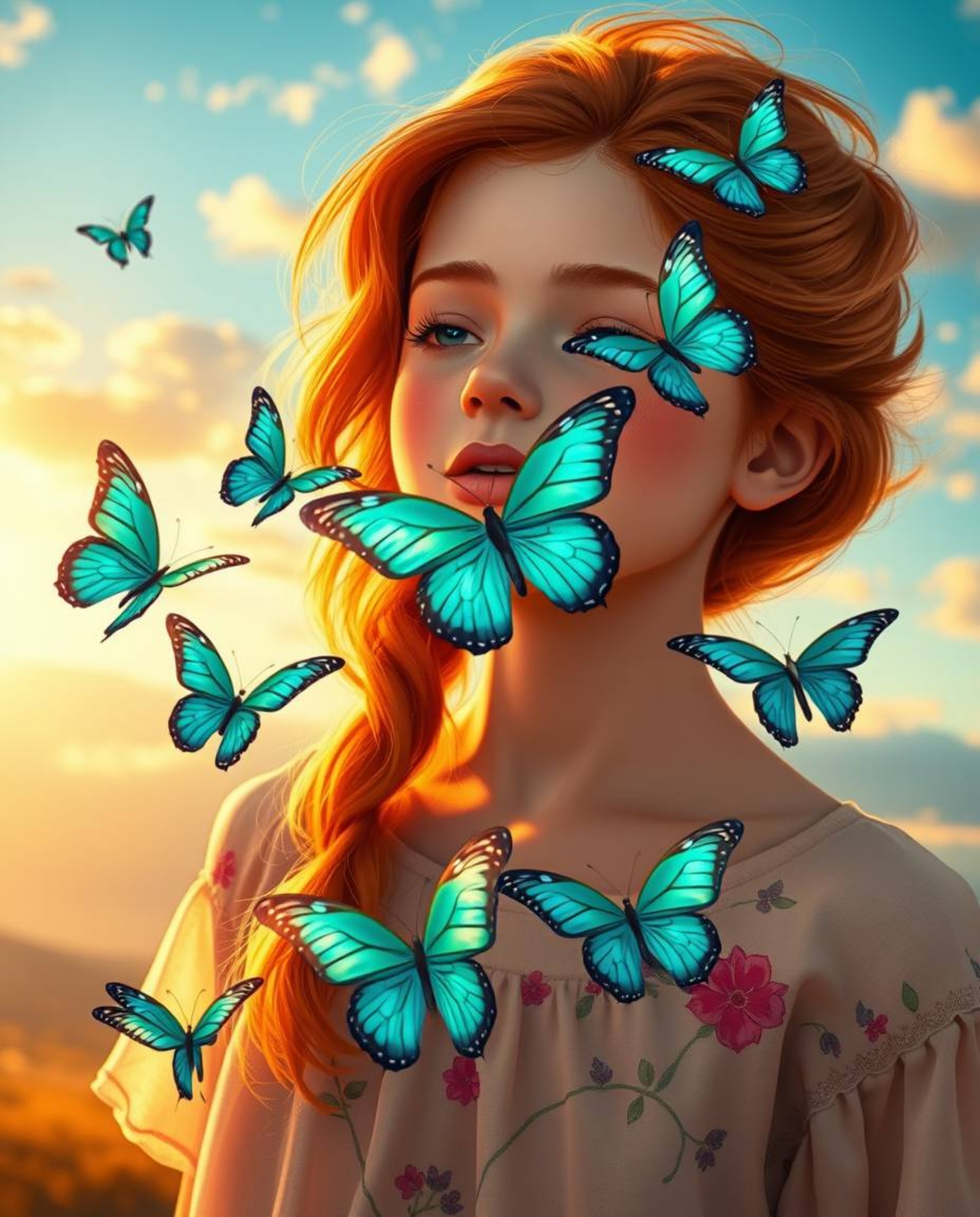 A captivating image featuring a girl with rosy cheeks and auburn hair releasing vibrant teal butterflies into a warm golden h