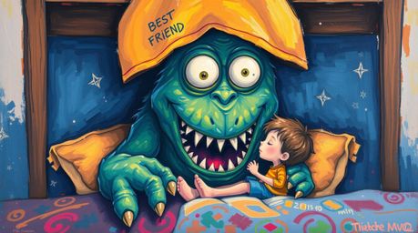 A captivating acrylic painting depicts an unlikely friendship between a child and a vibrant monster lurking under the bed.  T