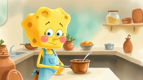 A charming watercolor painting depicts a soft, peach-skinned sponge character peacefully cooking in a serene underwater kitch
