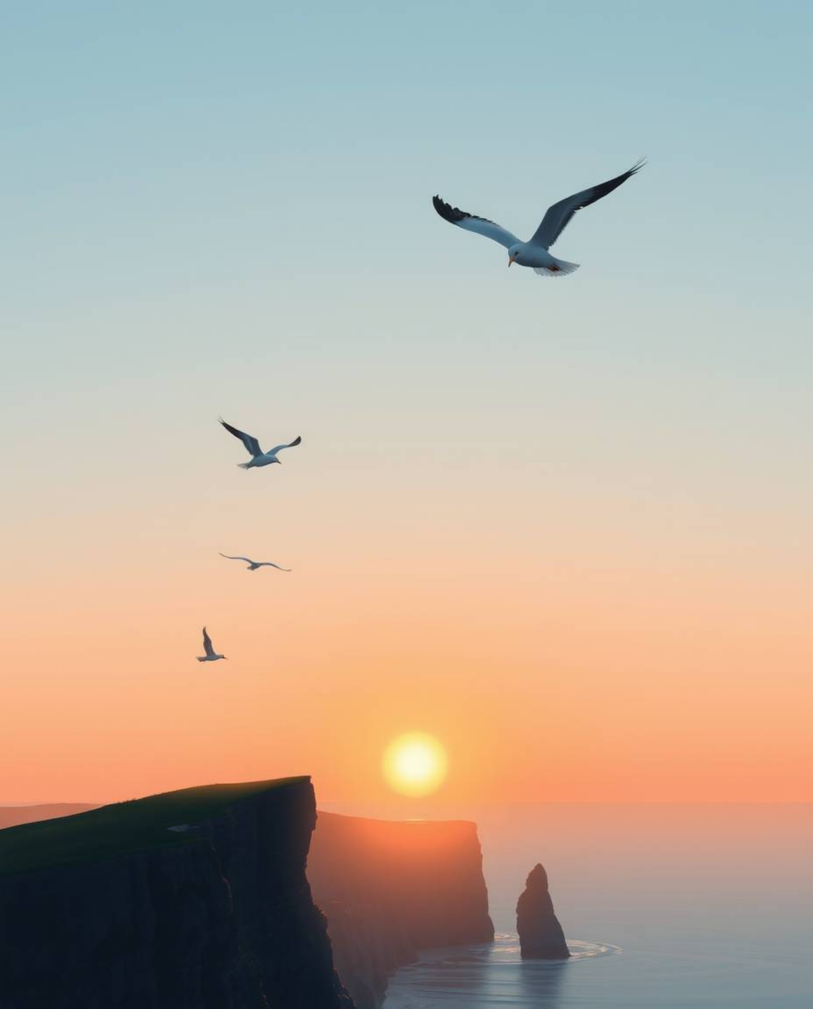 A graceful and elegant depiction of a sunset over a coastal cliff, featuring the beautiful sight of soaring birds. This artwo