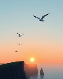 A graceful and elegant depiction of a sunset over a coastal cliff, featuring the beautiful sight of soaring birds. This artwo