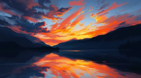 A digital sketch capturing a serene lake reflecting a vivid sunset sky. Utilizing loose, painterly strokes and chiaroscuro li