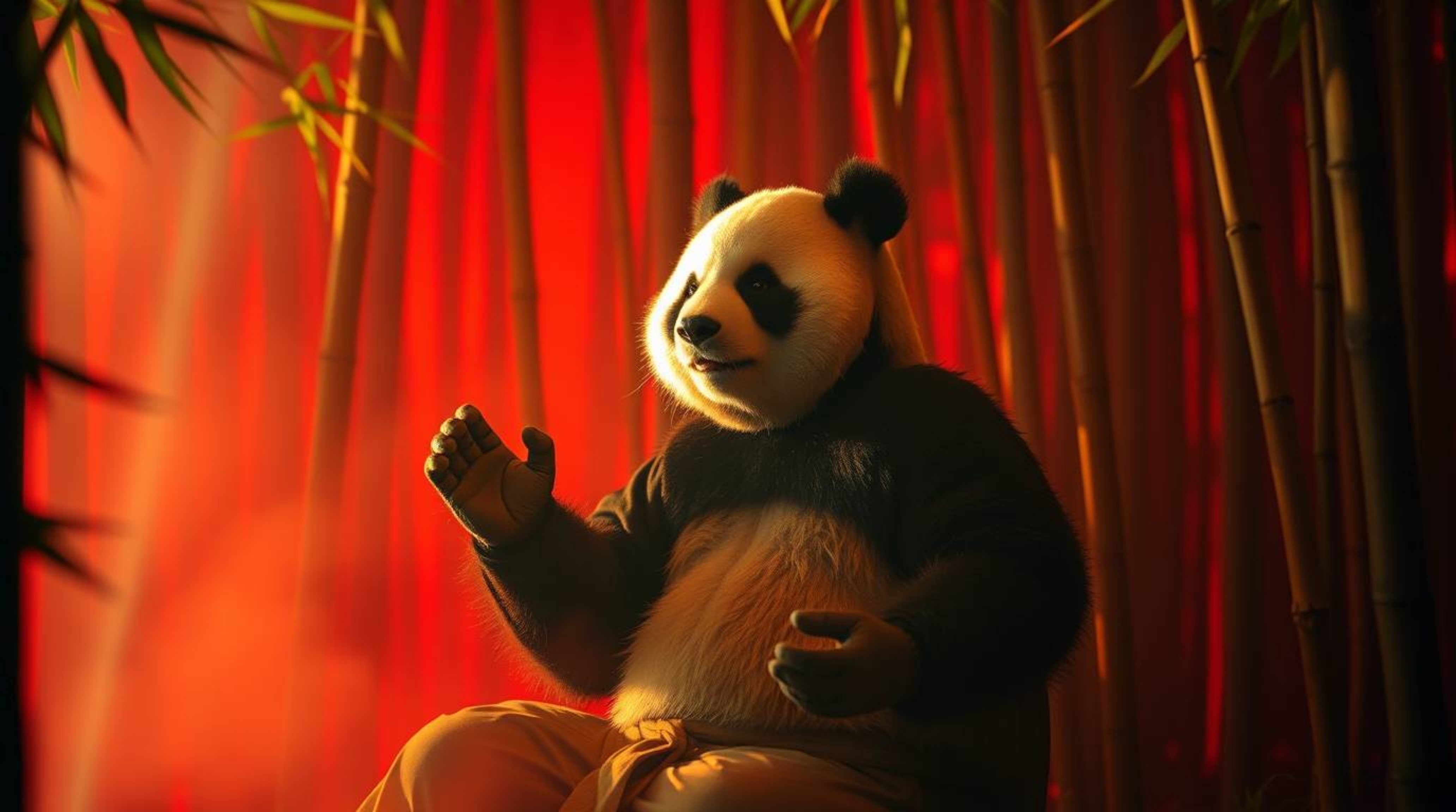 A serene image of a martial artist panda deeply meditating in a lush bamboo forest.  Volumetric lighting bathes the scene in 