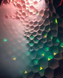 Explore a mesmerizing low-angle perspective of layered papier-mâché art, where thick fog delicately obscures a seamless geome