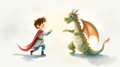 Immerse yourself in a delicate watercolor painting depicting a charming prince bravely fighting a fearsome dragon.  Styled in