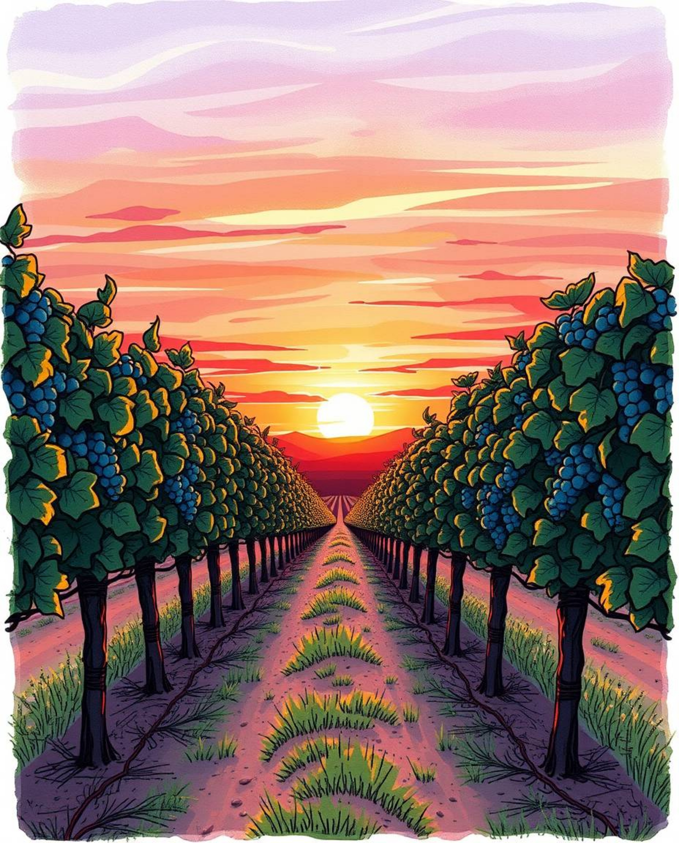 A hand-drawn color sketchnote style image captures a dramatic sunset over a vineyard from a powerful low-angle perspective. T