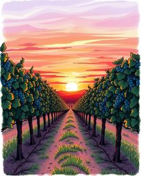 A hand-drawn color sketchnote style image captures a dramatic sunset over a vineyard from a powerful low-angle perspective. T