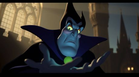 A classic Disney villain stands dramatically in an old castle, their face subtly illuminated as they cast a powerful spell. G