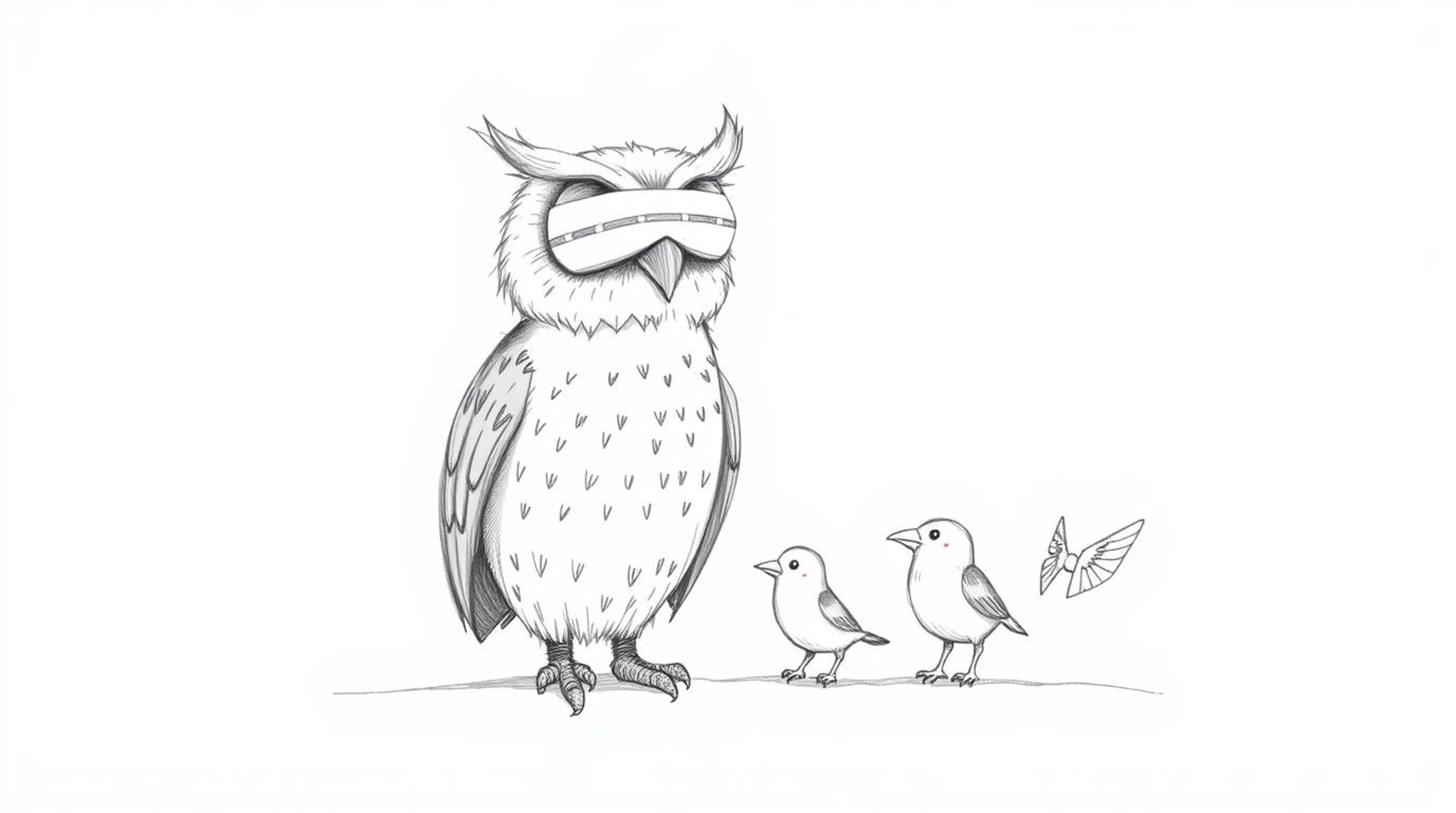 A charming hand-drawn pencil sketch, rendered in a Pixar-esque style, features a patient blind owl using wind chimes and fabr