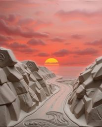 This sculptural clay art captures a sunset sky over a winding coastal highway in a strong, moody style. The piece is defined 