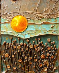 An abstract cast bronze artwork captures the essence of a sunset over a spring wildflower meadow. This piece utilizes artisti