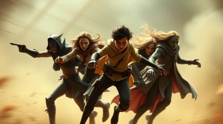 A group of misfit heroes forming a team bursts into dynamic motion, captured with blurred lines and intense action poses agai
