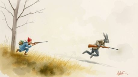 A delicate watercolor painting depicts a wacky rabbit in a hilarious chase, outrunning a hunter amidst thick, foggy surroundi