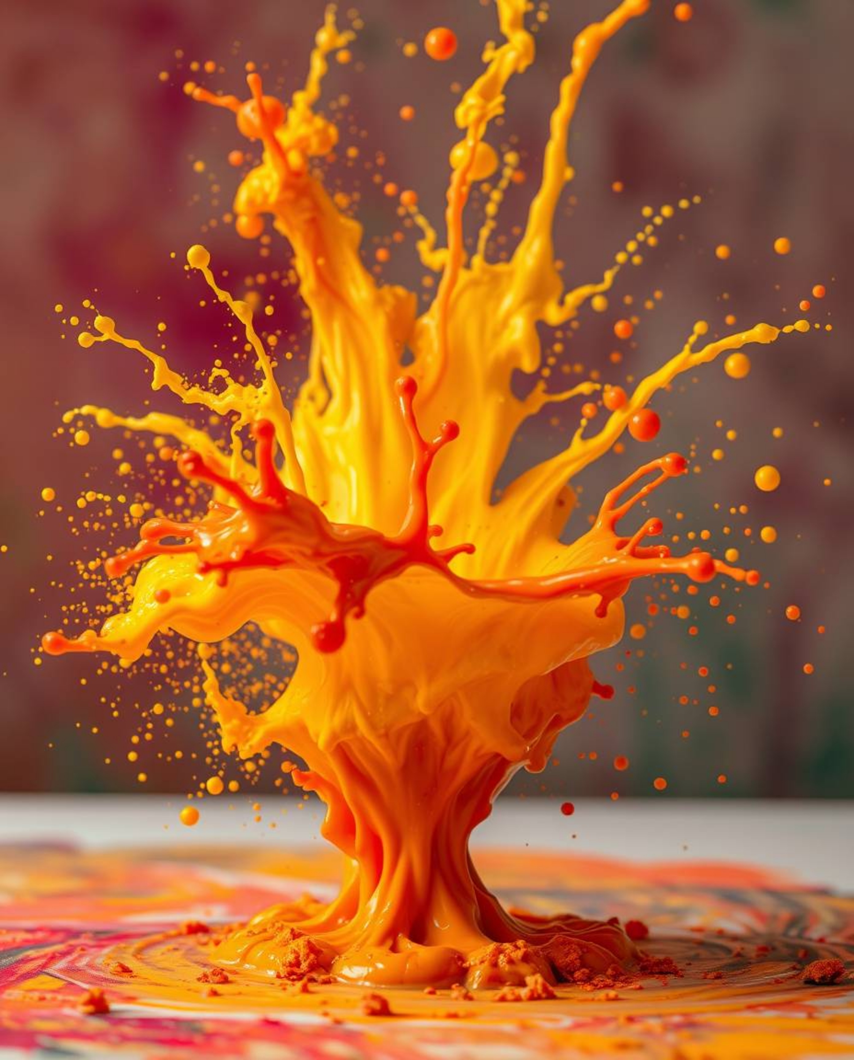 Experience the mesmerizing beauty of a colorful paint splash frozen in mid-air. This high-contrast photograph captures a surr