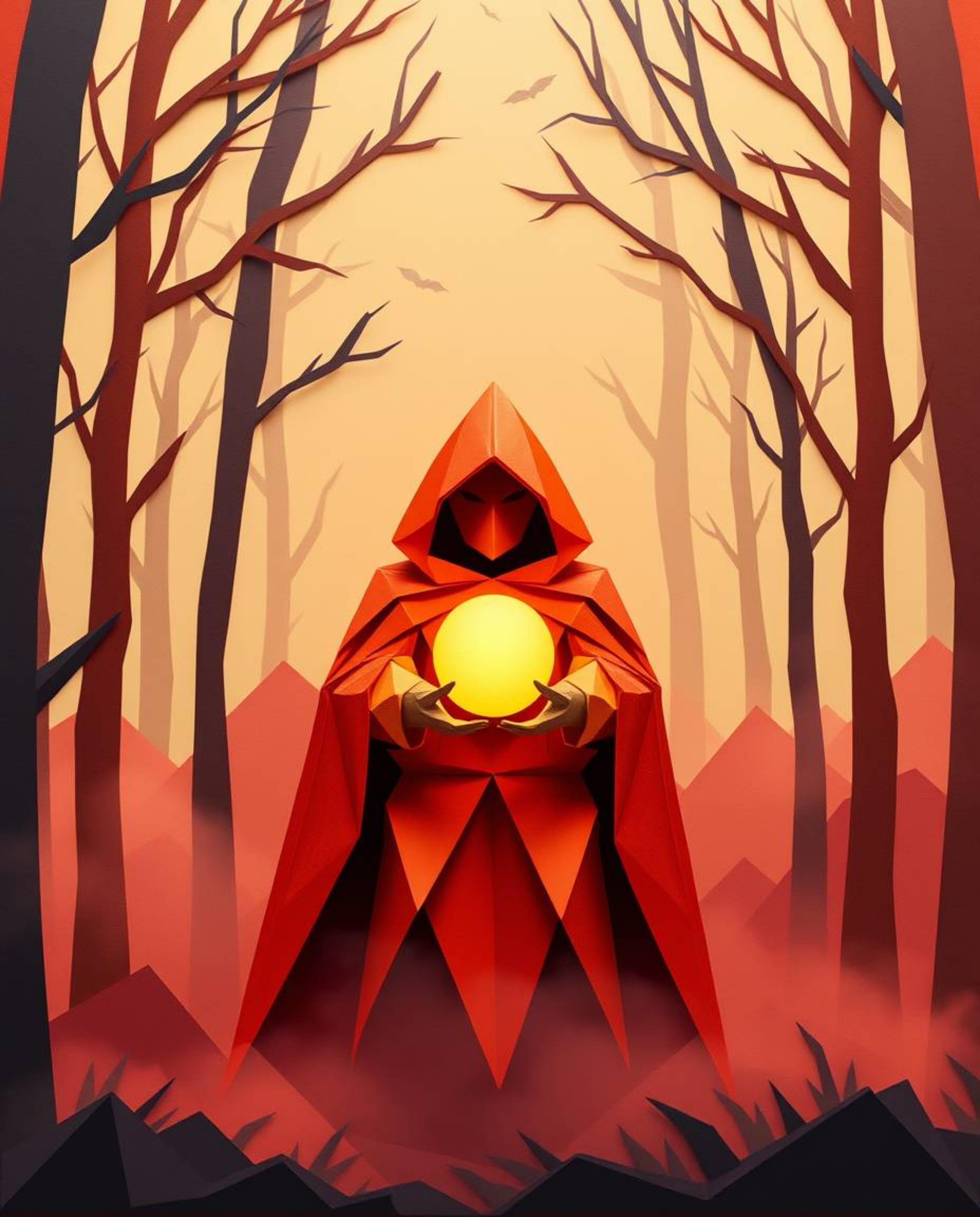 This artwork showcases a captivating origami-style depiction of a cloaked figure in a misty forest, holding a glowing orb. Th