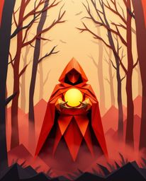 This artwork showcases a captivating origami-style depiction of a cloaked figure in a misty forest, holding a glowing orb. Th