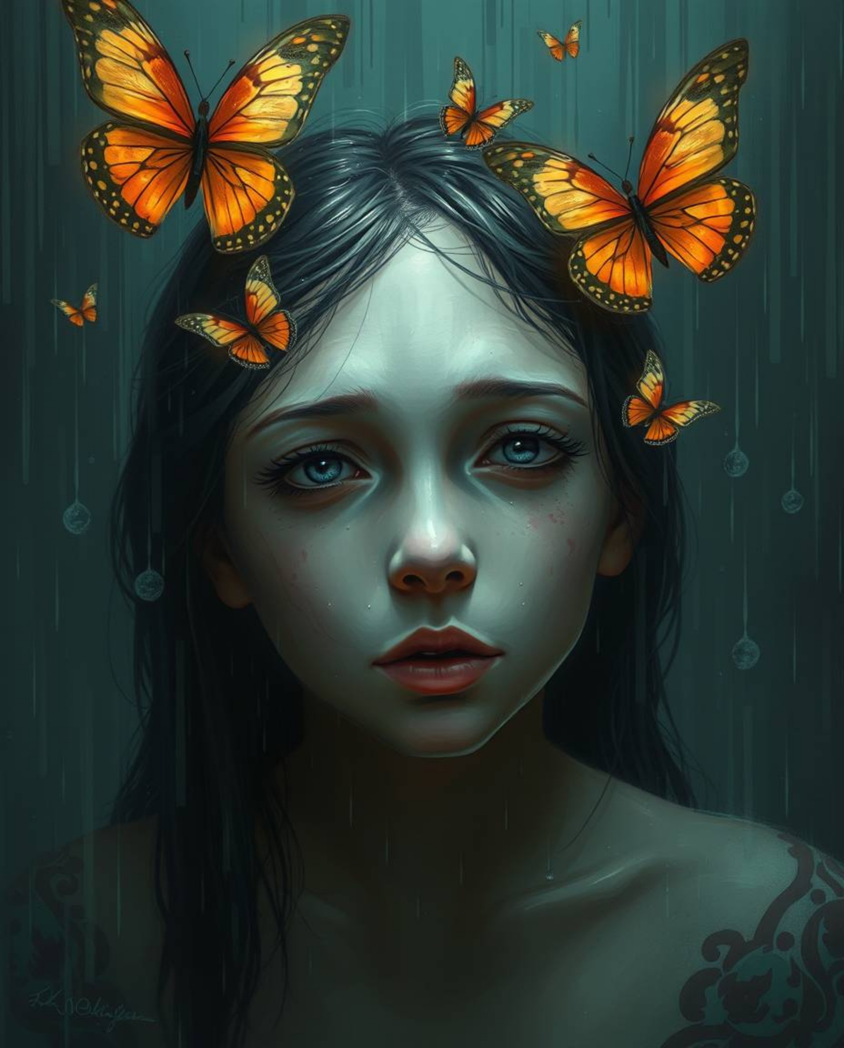 This digital painting depicts a girl with pale skin releasing butterflies in a wet, rainy scene. The image is dominated by an
