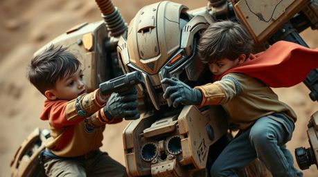 A dynamic trio of superpowered kids engage in a thrilling battle against a formidable robot, captured in an extreme close-up 