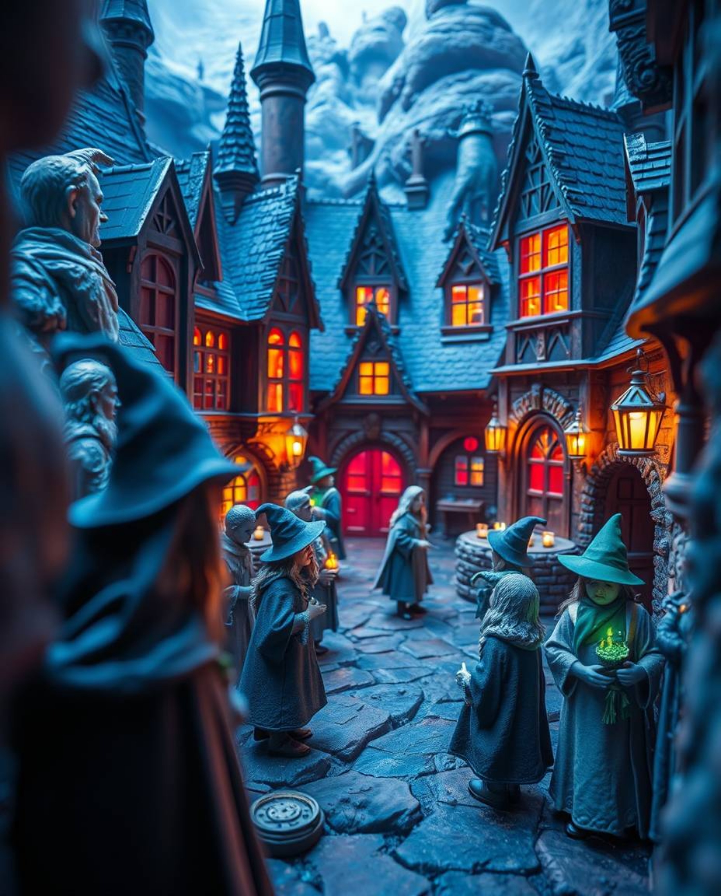 Explore an enchanting world through extreme macro photography, revealing the intricate details of a magical school teeming wi