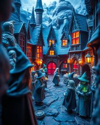 Explore an enchanting world through extreme macro photography, revealing the intricate details of a magical school teeming wi