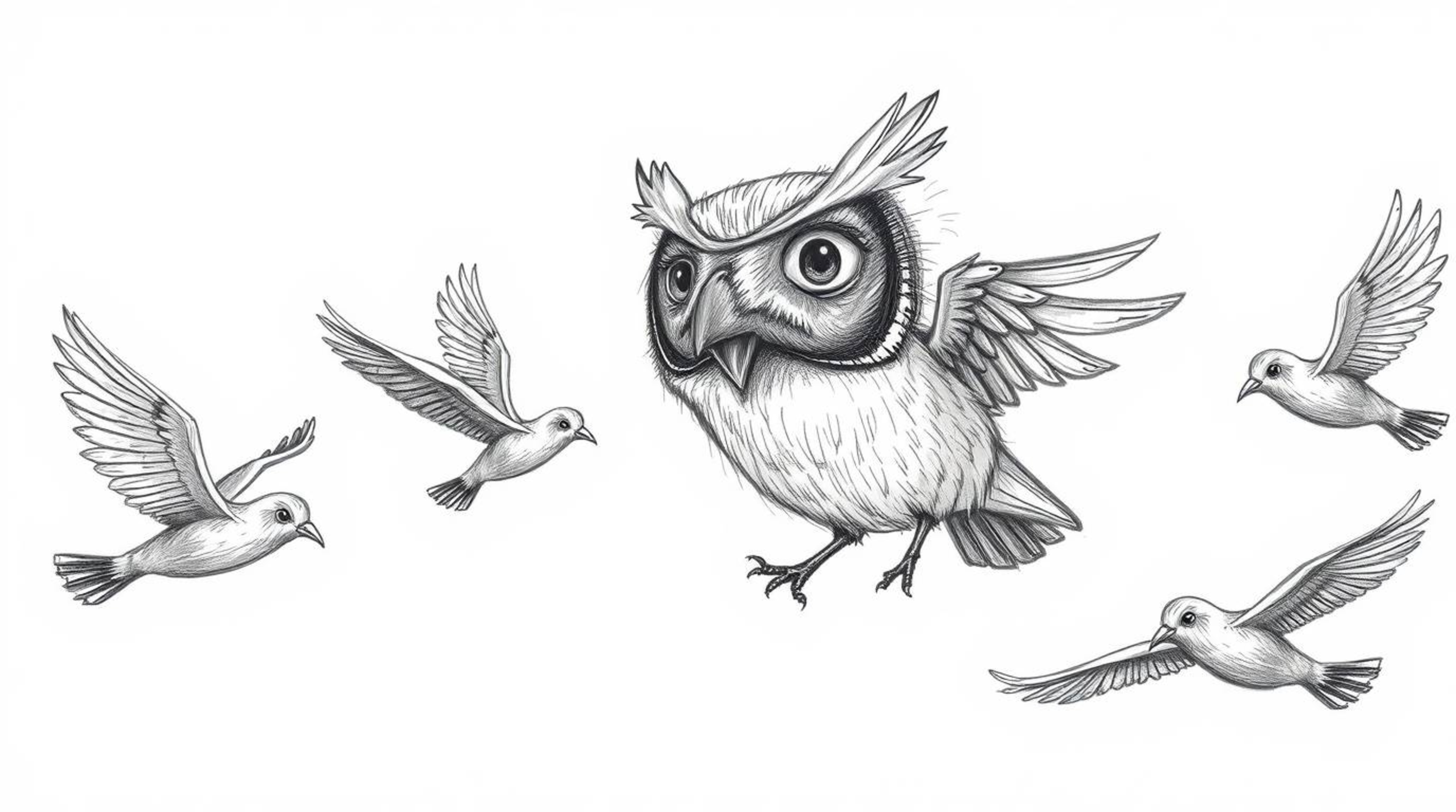 This is a hand-drawn, textured pencil sketch depicting a blind owl, rendered in the style of Pixar, passionately teaching bir