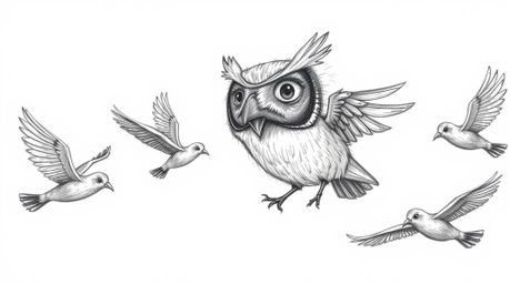 This is a hand-drawn, textured pencil sketch depicting a blind owl, rendered in the style of Pixar, passionately teaching bir