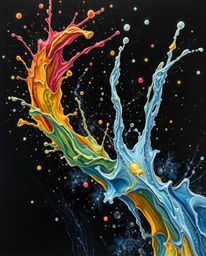 This captivating artwork features a classic oil painting in high-angle perspective, showcasing dynamic and colorful splashes 