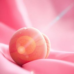 This close-up ASMR image features a soft, blushing pink peach resting on silky pastel pink fabric. A bright lens flare create