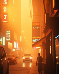 Immerse yourself in a dreamy cyberpunk street scene, rendered in pixelated glitch art.  A warm golden glow contrasts with the