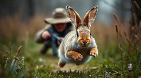 This professional fine art photograph captures a charming and adorable wacky rabbit in a hilarious pursuit, outrunning a hunt