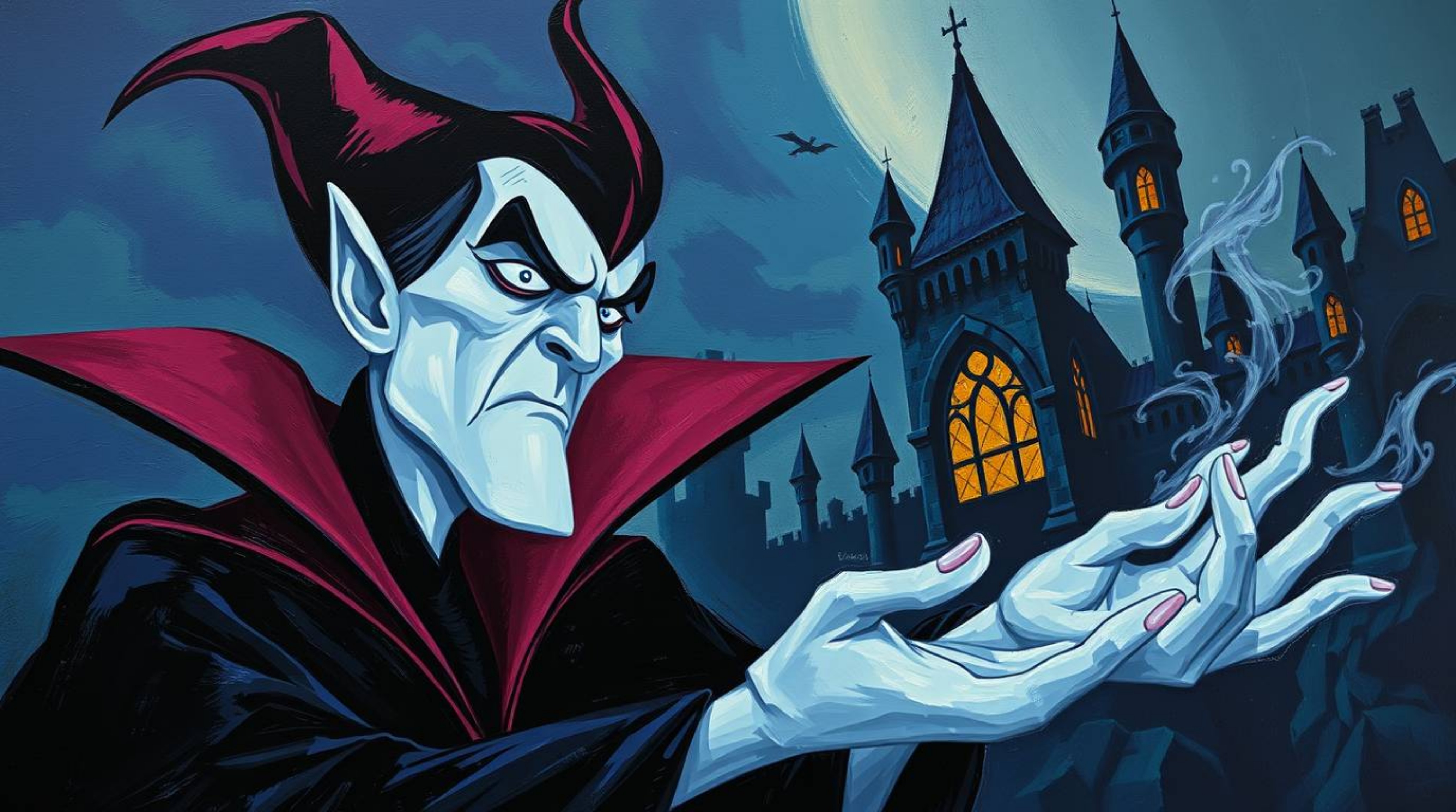 A dramatic acrylic painting depicts a classic Disney villain with sharp features and pale skin, immersed in the act of castin