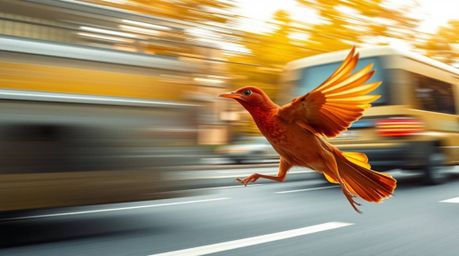 This high-resolution stock photo captures the dynamic movement of a fast-running bird speeding past traffic. The image showca