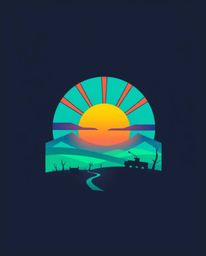 A cute and charming logo inspired by bioluminescent colors, depicts a sunrise over a war-torn landscape using geometric shape