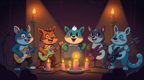 A band of cartoon animals playing rock music illuminated by the soft, warm glow of candlelight creates a moody and captivatin