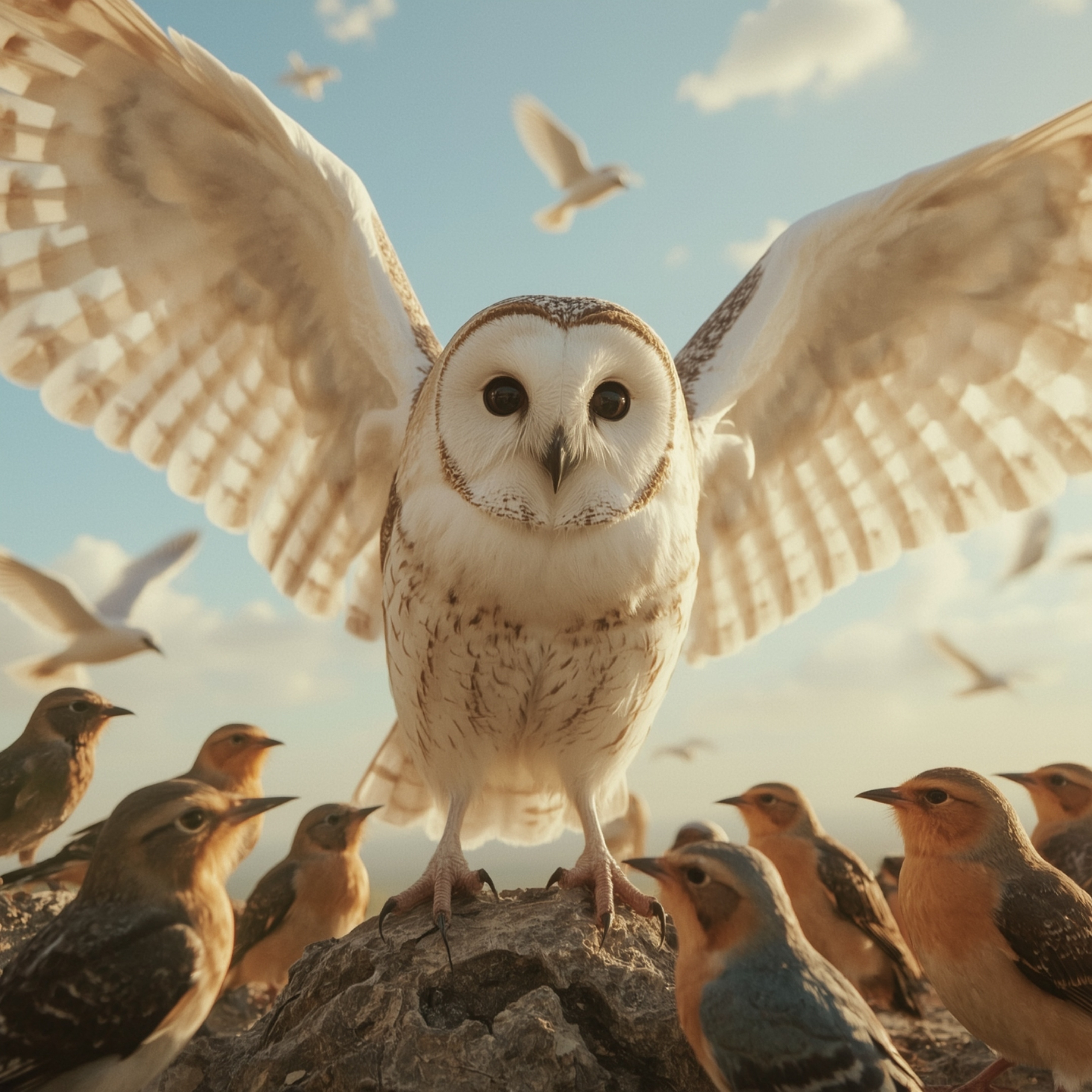 Experience the breathtaking beauty of a blind owl, rendered in exquisite high fashion photography and styled in a serene Pixa